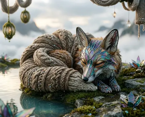mythical nine-tailed fox spirit curled in still reflection at the edge of a floa - AI生成图片 2