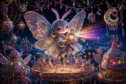 名为“露米”的微型月光灯塔守护者，一只穿着星屑雨衣的银灰色飞蛾精灵，悬浮在午夜嘉年华的旋转木马中央，双手捧着一枚会眨眼的微型灯塔信标，笑容狡黠而灿烂，像在秘密守 - AI生成图片 1