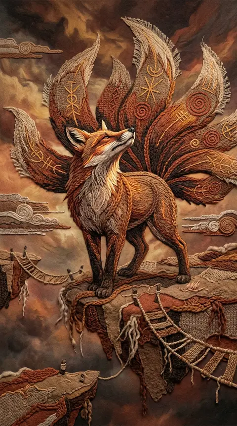 A looming nine-tailed fox spirit poised on the lip of a fractured sky island, se - AI生成图片 2