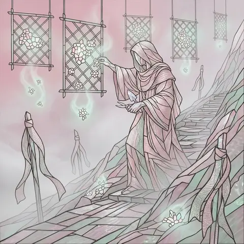 A celestial horticulturist in layered woven-silk robes ascends a fog-drenched mo - AI生成图片 1