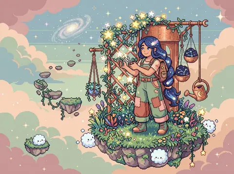 16-bit pixel art scene of a celestial gardener with comet-braid hair and oversiz - AI生成图片 4