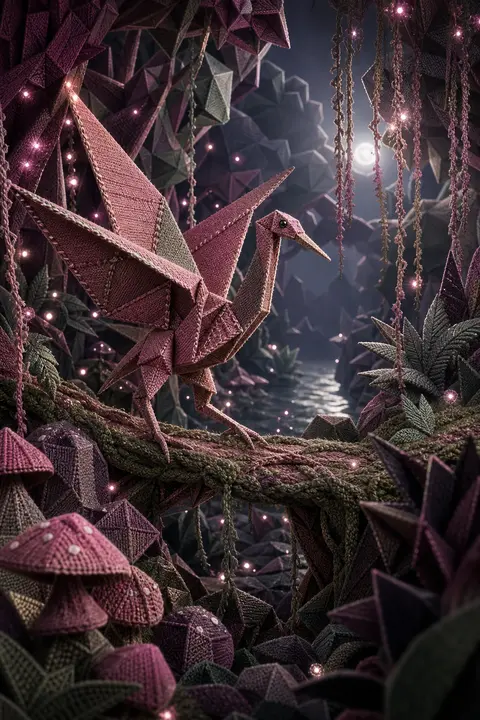an origami paper crane come alive, poised mid-step on a mossy root bridge inside - AI生成图片 3