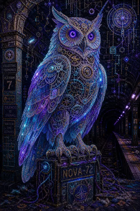 translucent resin clockwork owl, poised like a monumental sentry on an abandoned - AI生成图片 2
