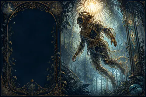 Art nouveau poster of a deep-sea diver suspended inside a sunlit greenhouse, bra - AI生成图片 1