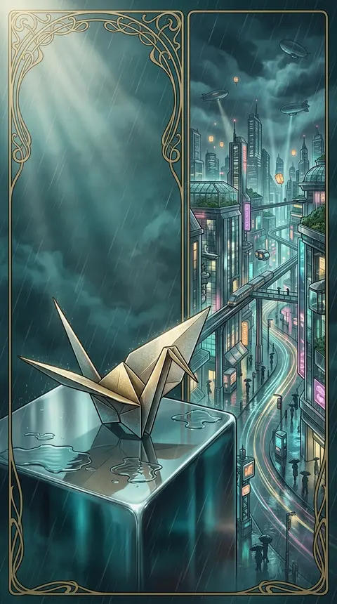 a living origami paper crane poised atop a monumental polished chrome monolith, - AI生成图片 1