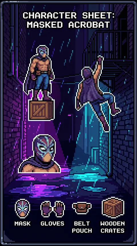 16-bit pixel art character sheet of a masked carnival acrobat in a rain-soaked b - AI生成图片 2