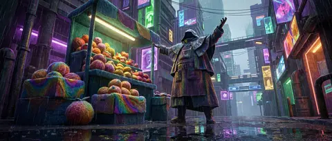 一位传奇般的果市摊主立于暴雨中的未来巨城高架集市中央，仿佛统御整片霓虹峡谷；摊位与货箱全部由柔软毛毡塑形，奇异果实像发光陨石般堆叠翻涌，圆润纤维表面吸附雨珠，折 - AI生成图片 3