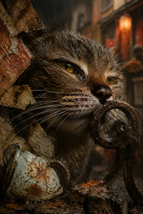 Extreme macro surrealist photo-collage of an elegant tea-house cat with rain-dar - AI生成图片 1