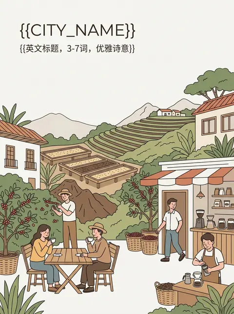 {{CITY_NAME}} 高级极简扁平矢量咖啡产地海报，3:4 纵向构图。左上角留出宽敞而干净的排版区，使用 {{CITY_NAME}} 与一行英文标题 {{ - AI生成图片 1