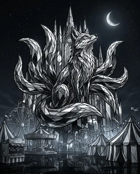 A colossal nine-tailed fox spirit enthroned above a midnight carnival, rendered - AI生成图片 2