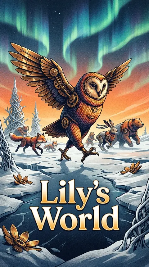 Lily's World, a tense cinematic mobile game cover: a clockwork owl with articula - AI生成图片 1