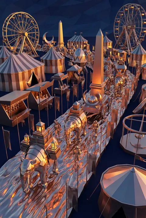 A colossal desert nomad caravan surges through a midnight carnival like a moving - AI生成图片 2