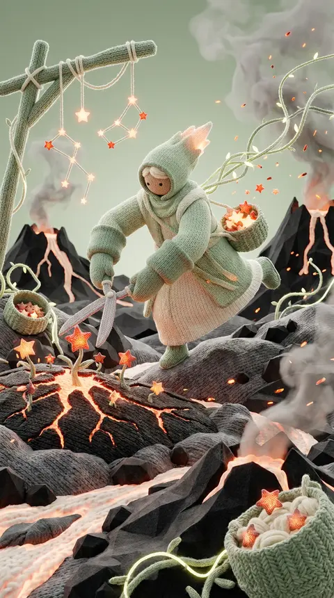 A chaotic, energetic low-poly 3D render of a celestial gardener racing across a - AI生成图片 1