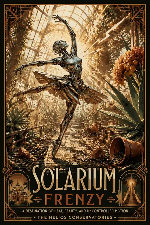vertical 9:16 art deco travel poster, a robotic ballet dancer erupting into a ra - AI生成图片 3