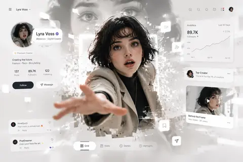 A futuristic social media profile interface in a pristine white minimal aestheti - AI生成图片 2