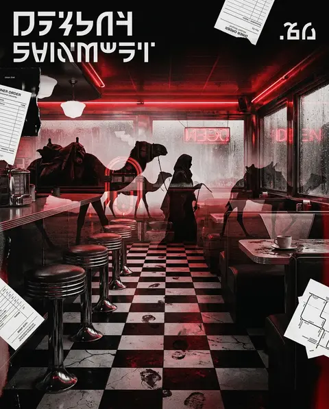 double-exposure editorial poster, a desert nomad caravan drifting through the ai - AI生成图片 4