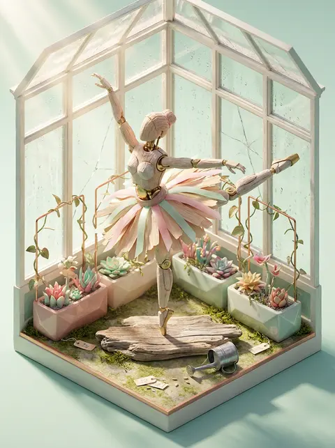 isometric miniature scene inside a sun-drenched glass conservatory, tense cinema - AI生成图片 2
