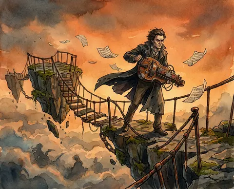 A tense cinematic watercolor storybook illustration of a wandering street musici - AI生成图片 3