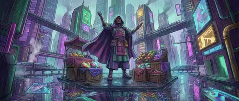 一位传奇般的果市摊主立于暴雨中的未来巨城高架集市中央，仿佛统御整片霓虹峡谷；摊位与货箱全部由柔软毛毡塑形，奇异果实像发光陨石般堆叠翻涌，圆润纤维表面吸附雨珠，折 - AI生成图片 2