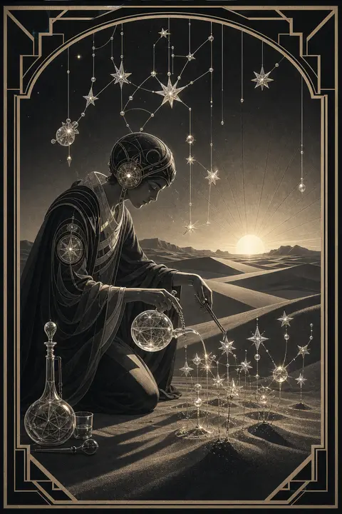 Art deco travel poster of a celestial gardener kneeling in a vast dawn desert, c - AI生成图片 1