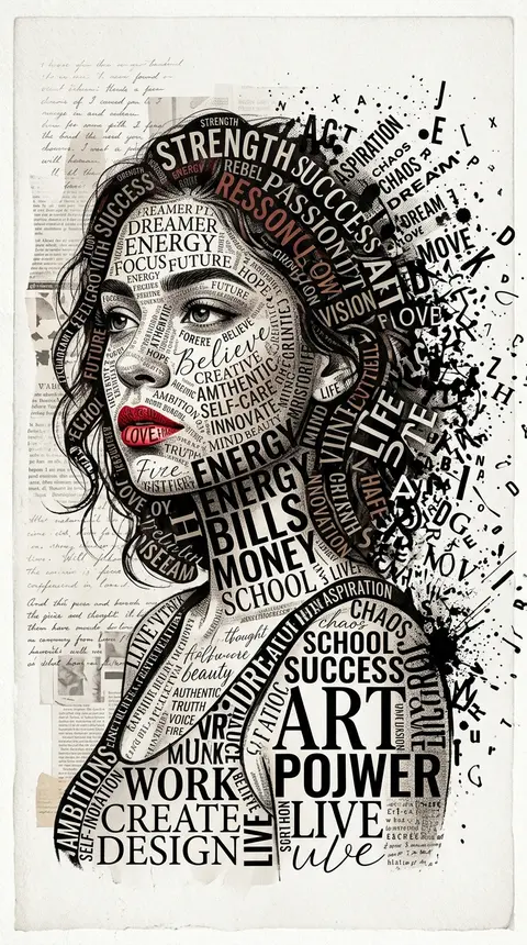 A striking typographic portrait of a young woman with a thoughtful three-quarter - AI生成图片 1