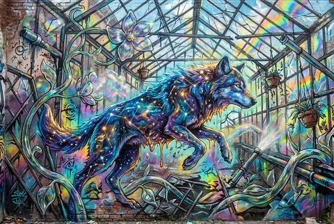 Ultra-detailed graffiti street mural of a wolf made of constellations, leaping t - AI生成图片 4