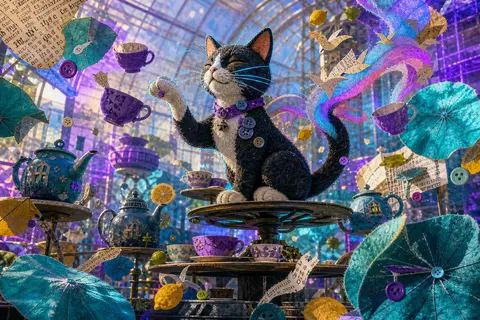 Кот чайного дома в солнечной оранжерее, собранный из мягких фетровых фрагментов - AI生成图片 1