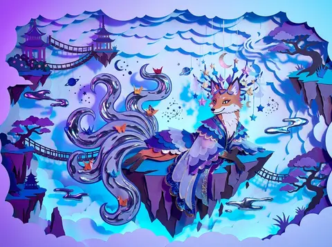 Whimsical portrait of a mythical nine-tailed fox spirit lounging midair across t - AI生成图片 1