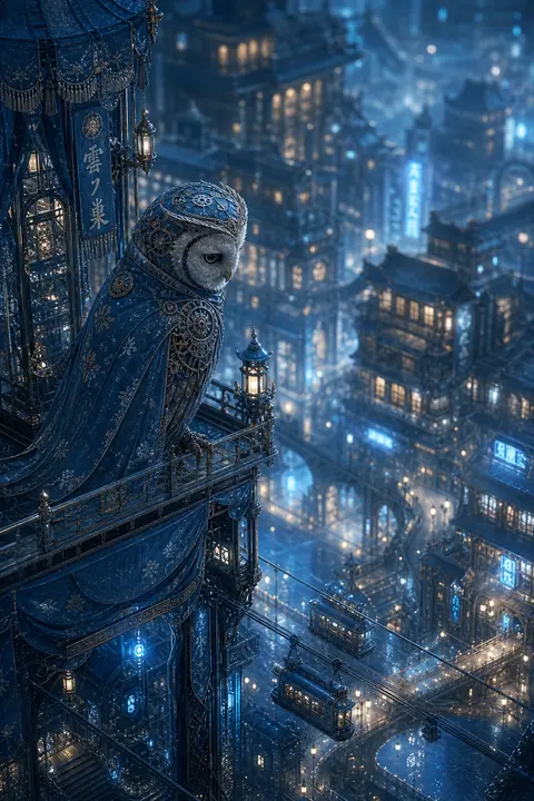 isometric miniature scene of a melancholic clockwork owl perched on a silk-woven - AI生成图片 1