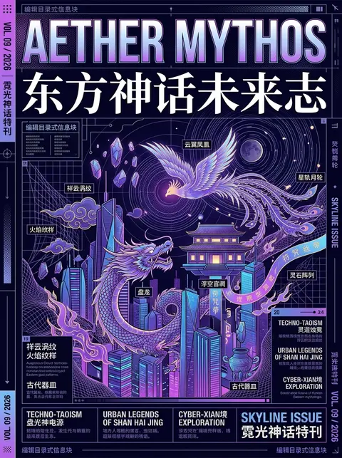 生成一张【极繁主义矢量艺术杂志封面海报】，画幅为【竖版3:4 / 9:16 / 横版16:9】。 主题为【东方神话未来志 / 山海经都市传说 / 赛博仙境杂 - AI生成图片 1