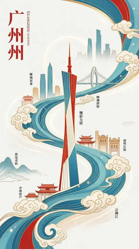 新中式极简高级城市海报，9:16竖版构图，以广州都市气韵为核心主题。画面中心塑造一座抽象几何化的“穗影天塔”，以极简线面结构提炼城市地标神韵，造型简洁克制却极具 - AI生成图片 2