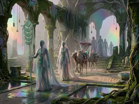 Dreamlike serene editorial tableau of a desert nomad caravan winding through anc - AI生成图片 4