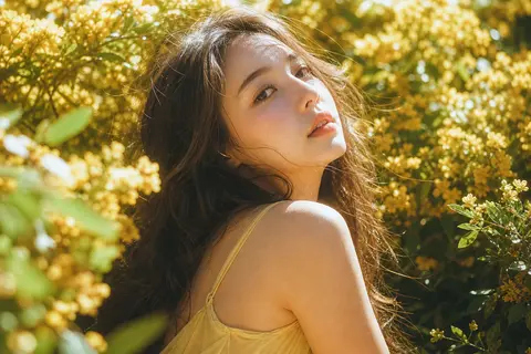 超写实电影感人像摄影，严格参考原图人物姿态与构图：一位年轻女性坐姿出镜，柔和的三分之侧脸，身体微微背向镜头，头部轻轻向上并向后转向镜头，视线略高于平视线，神情安 - AI生成图片 3
