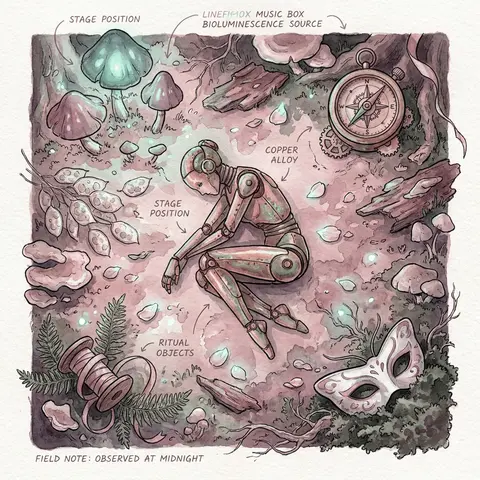 Top-down flat lay of a bioluminescent night forest clearing arranged like a ritu - AI生成图片 3