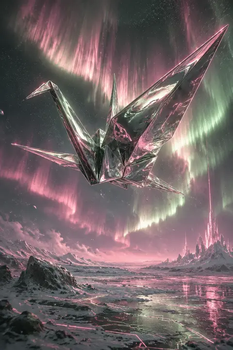 An origami paper crane come alive, forged from liquid mercury, soaring above a f - AI生成图片 1