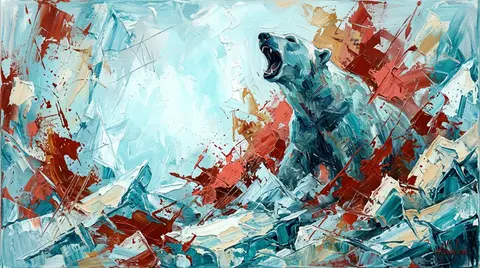 一幅现代抽象表现主义油画风格的北极熊肖像，主体位于画面右侧，一只蓝绿色调的北极熊从破碎冰层中探出上半身，头部上扬，张口咆哮，嘴部内部近黑色，神态充满野性与力量； - AI生成图片 4