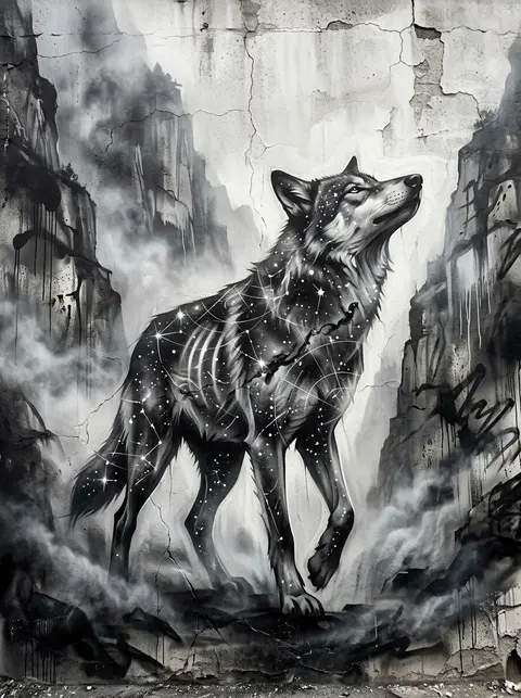 An ultra-detailed graffiti street mural of a spectral wolf formed entirely from - AI生成图片 4