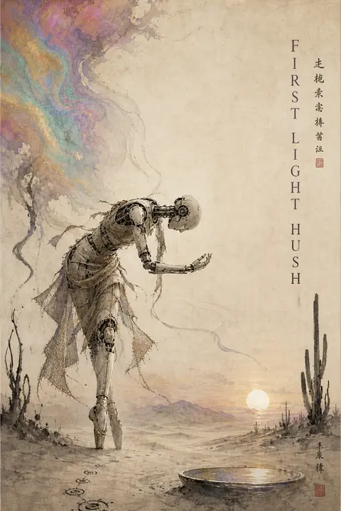 Traditional ink wash painting poster of a solitary robotic ballet dancer pausing - AI生成图片 2