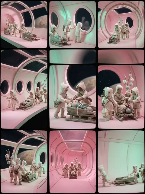 A 3x3 contact sheet of nine linked claymation frames: a quiet desert caravan dri - AI生成图片 2