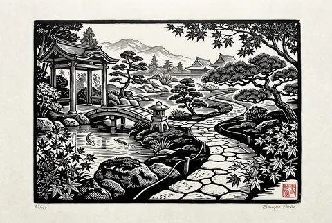 { "prompt_en": "A hand-carved linocut print in the Japanese ukiyo-e inspired st - AI生成图片 1