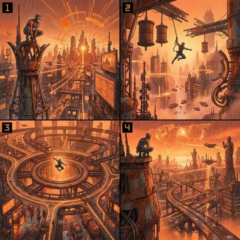 ultra-detailed horizontal four-panel narrative tableau, each panel numbered with - AI生成图片 1