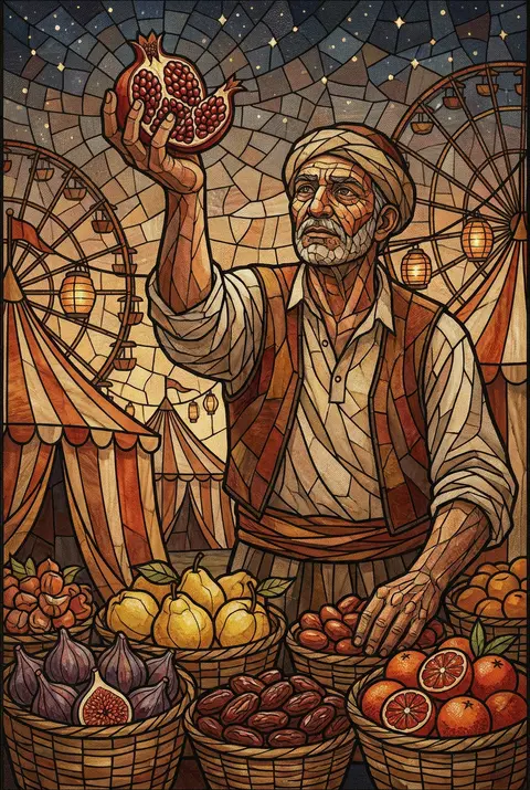 A towering fruit vendor with a wind-carved face stands atop a midnight carnival - AI生成图片 1