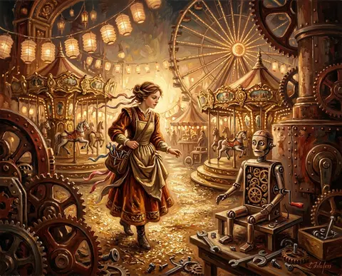 a young tinkering inventor navigating a midnight carnival of brass carousels and - AI生成图片 2