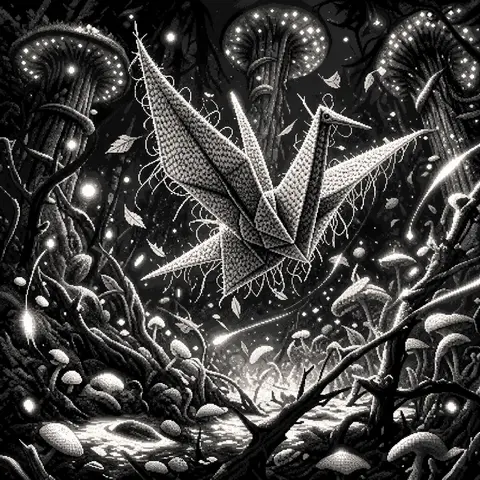 a living origami paper crane mid-flutter in a bioluminescent midnight forest, wi - AI生成图片 2