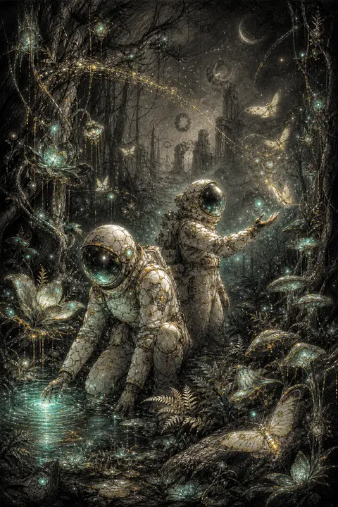 Vertical charcoal-sketch dream poster of twin astronaut explorers wandering thro - AI生成图片 3