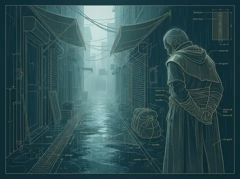 blueprint schematic of an elderly fisherman pausing in a rain-soaked back alley, - AI生成图片 4