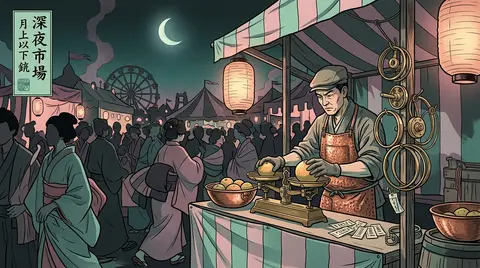 Pastel ukiyo-e woodblock print of a tense midnight carnival: a market fruit vend - AI生成图片 1