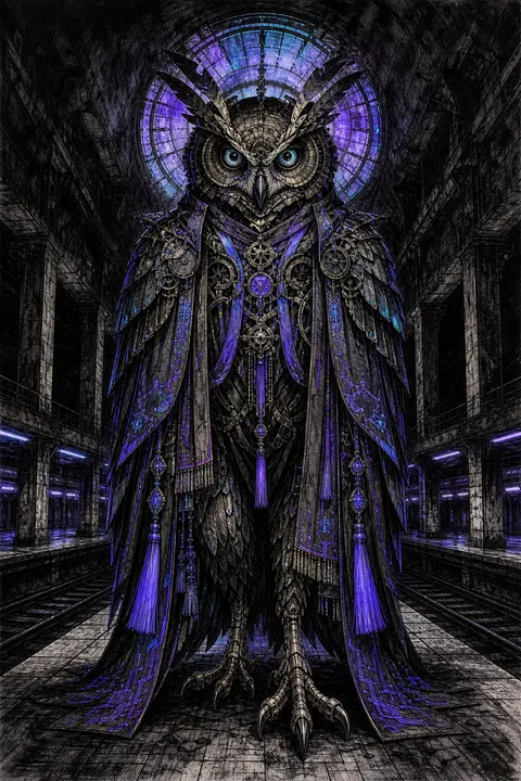 colossal clockwork owl poised on a deserted subway platform swallowed by cathedr - AI生成图片 3