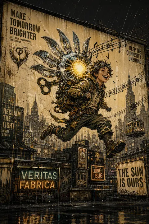 A vast graffiti street mural of a freckled young tinkering inventor sprinting ac - AI生成图片 2