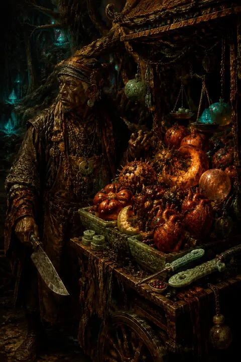 A tense cinematic baroque oil painting of a weathered fruit vendor standing in a - AI生成图片 1